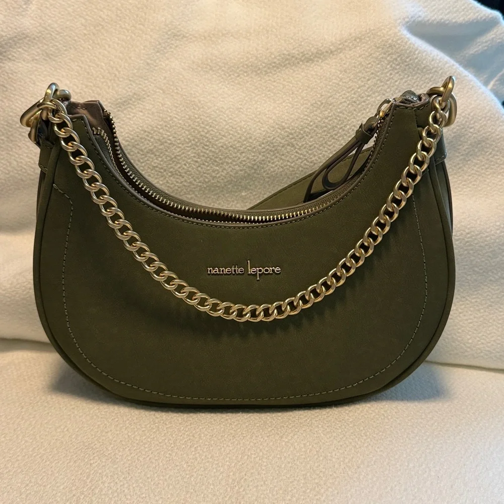Nanette Lepore Khaki Green Bag with Gold Chain